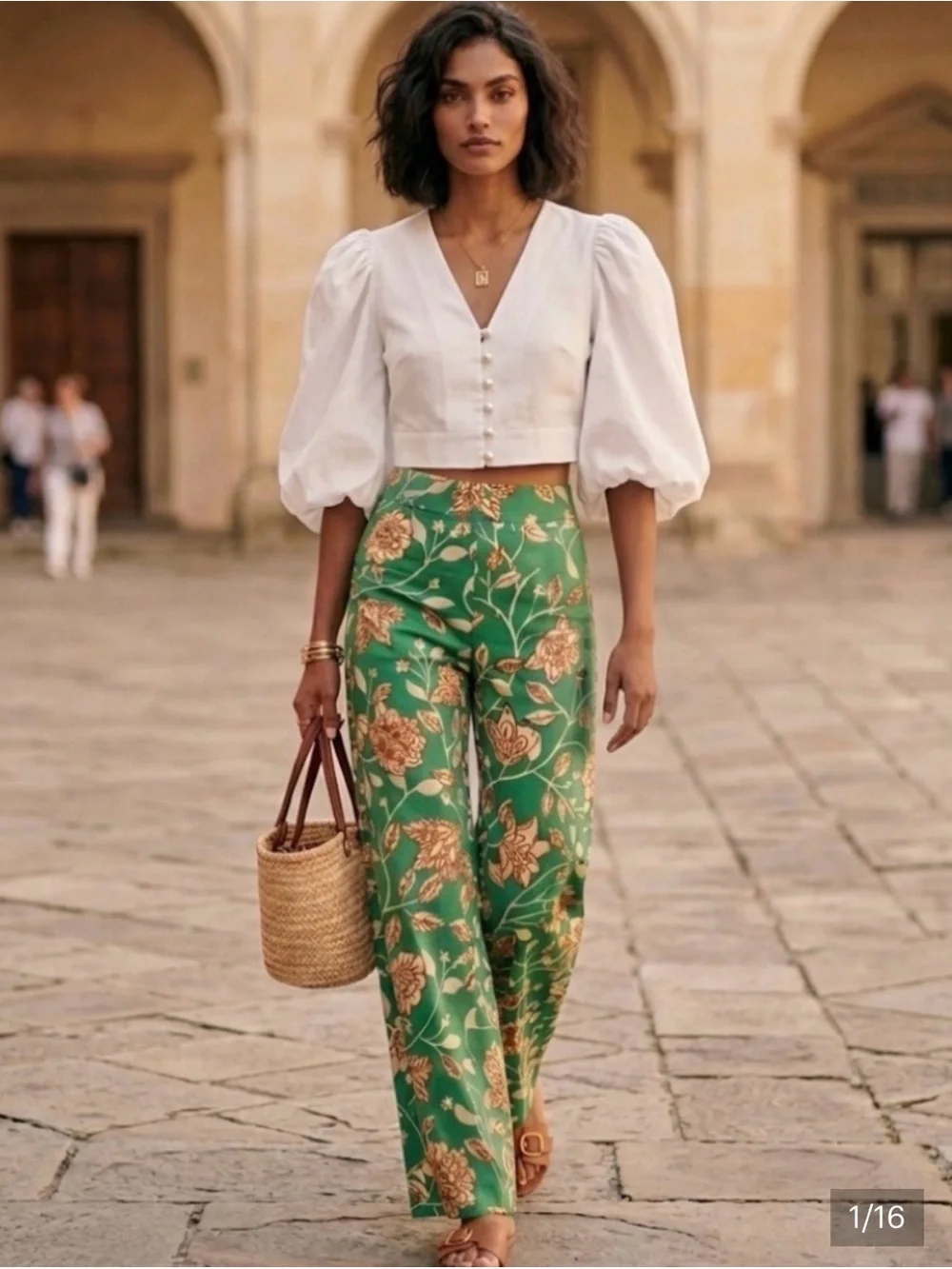 Sezane‎ Baptisto Teal Cream Floral Linen Cotton Wide Leg Pant 6